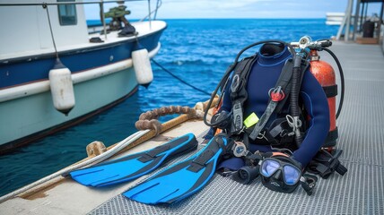 Obraz premium Scuba diving gear including fins, mask, and tank set against a scenic ocean backdrop.