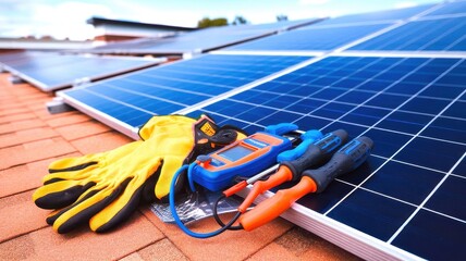 Tools and gloves on solar panels, showcasing renewable energy and sustainable technology.