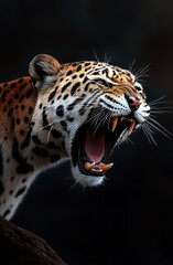 Obraz premium This stunning close-up captures a roaring leopard, showcasing its powerful teeth and striking fur patterns against a dark backdrop, embodying the wild elegance of nature.