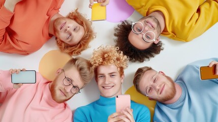 Diverse friends in colorful sweaters lying on a pastel floor holding smartphones. connectivity, diversity, and modern technology.
