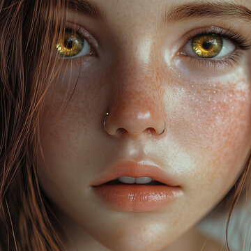 Brown haired young girl face closeup with golden iris hyperrealistic and nose piercing porcelain skin
