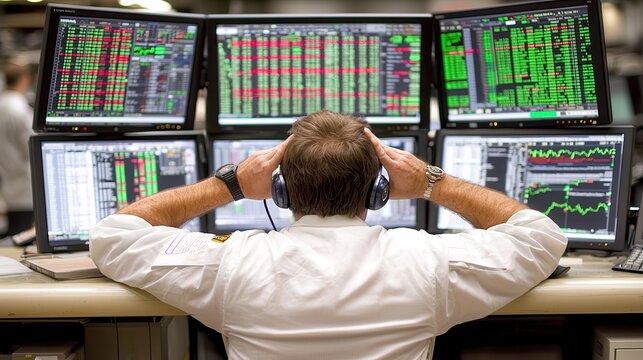 Trader focused on multiple screens displaying stock market data and graphs, conveying a sense of urgency and analysis.