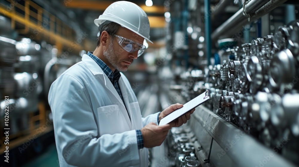 Poster a man in a lab coat is looking at a clipboard with a list of items