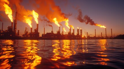 Industrial plant with flaming towers reflecting on water during sunset. energy, pollution, and industrial impact.