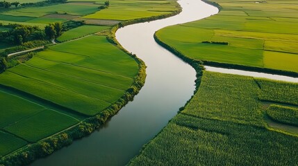 Obraz premium Drone view of a winding river flowing through lush green farmland. 