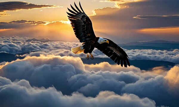 Aerial time-lapse of Majestic bald eagle soaring through the clouds at sunset.