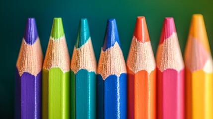 Fototapeta premium Close-up of colored pencils in a straight line against a background.