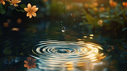 A hightly detailed 4k digital illustration of single water drop falling into a still pond in cosmos , creating ripples that spread across the water. 