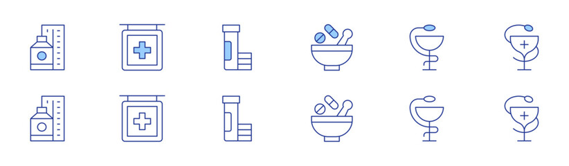 Fototapeta premium Pharmacy icon set in two styles, Duotone and Thin Line style. Editable stroke. mortar, hygeia, pills, signpost, effervescent