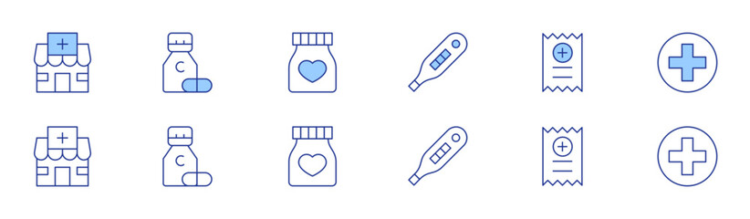 Obraz premium Pharmacy icon set in two styles, Duotone and Thin Line style. Editable stroke. pharmacy, pregnancy test, vitamin c, bill, jar