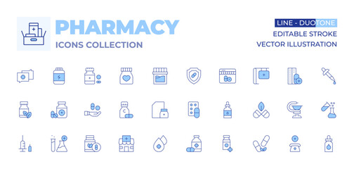Pharmacy icons collection. Line Duotone style, editable stroke. prescription, serum, pharmacy, supplement, medicine, drug, pills, vitamin c, insulin, herbal, medicines