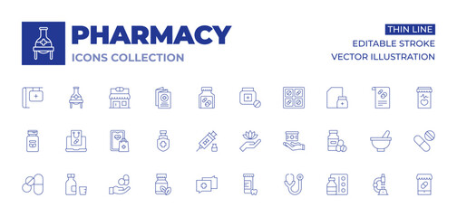 Pharmacy icons collection. Thin Line icons, editable stroke. pills, online pharmacy, syrup, buy online, herbal, protection, supplement, medicines, diagnosis, stem cells