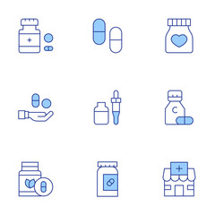 Pharmacy icons set. Line Duotone style, editable stroke. medicine, pharmacy, supplement, pills, vitamin c, jar, pill