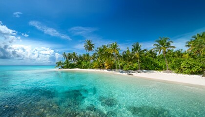 Fototapeta premium a serene tropical island with palm trees under a bright sky and calm turquoise waters invites relaxation and adventure