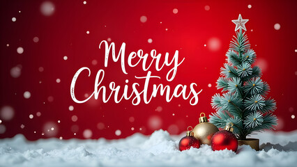 Obraz premium Christmas holiday background with white Handwriting thin Letters Merry Christmas over red Christmas red blurred background with small snow Christmas tree and balls