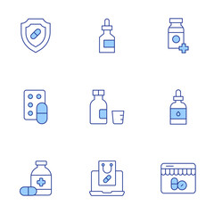 Pharmacy icons set. Line Duotone style, editable stroke. syrup, buy online, online pharmacy, medicine, drug, dropper, eye dropper, shield