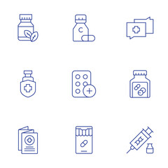 Pharmacy icons set. Thin Line style, editable stroke. herbal, protection, leaflet, vitamin c, pills, online pharmacy, diagnosis, medicine, stem cells