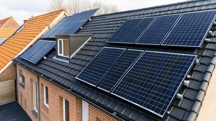 Fototapeta premium Residential rooftop with installed solar panels on tiled roof, showcasing renewable energy usage in a suburban neighborhood on a sunny day.