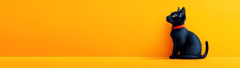 Black cat sitting against vibrant yellow background