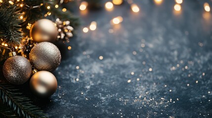 Fototapeta premium Decorative golden ornaments and twinkling lights create a festive atmosphere for the holiday season on a dark surface