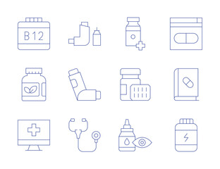 Pharmacy icons. Thin Line style, editable stroke. online pharmacy, vitamin, medicine, inhaler, pill, eye dropper, stethoscope, book, b 19, supplement