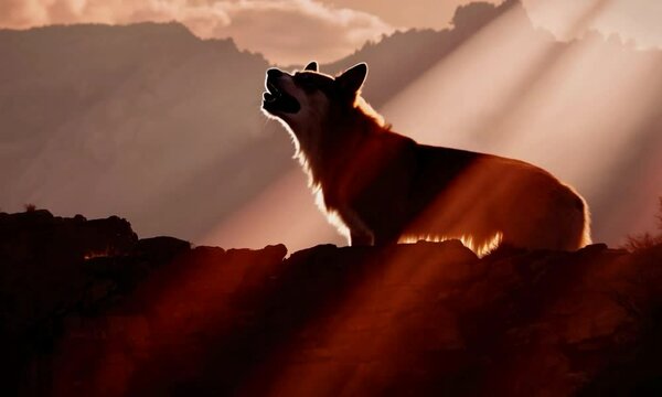 A dingo howling on the ledge of a cliffside. Cinematically lit with horror accents, Expressive Dialogue Velocity, Anamorphic and Specialty Lenses, this scene captivates with ultra-high detail, capture