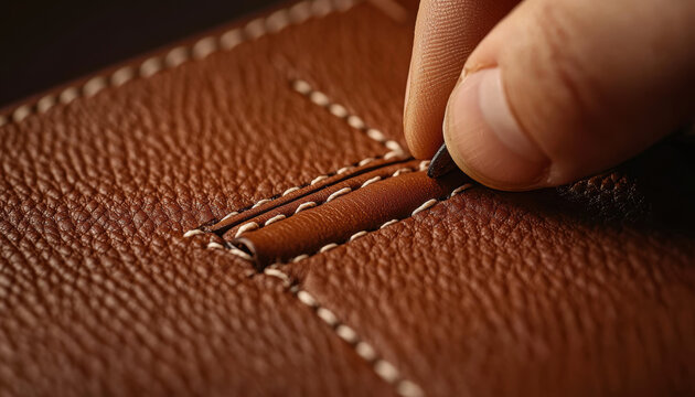 Hand stitching brown leather with visible needle and thread details, dark background.