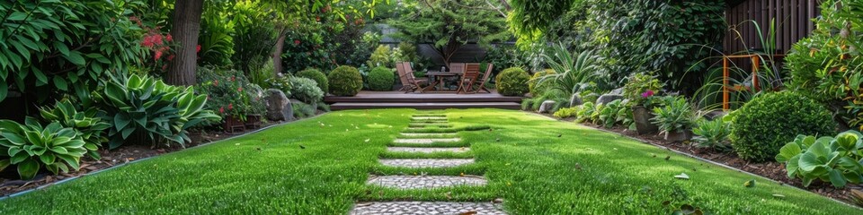 Lush green garden with a stone pathway leading to a wooden deck.