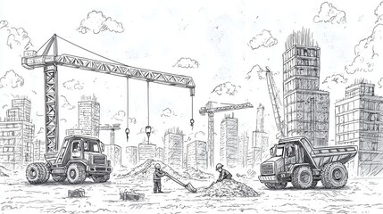 Construction Scene with Cranes and Dump Trucks