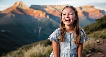 Naklejka premium Teen South African girl in summer dress laughing portrait photo mountain backdrop background