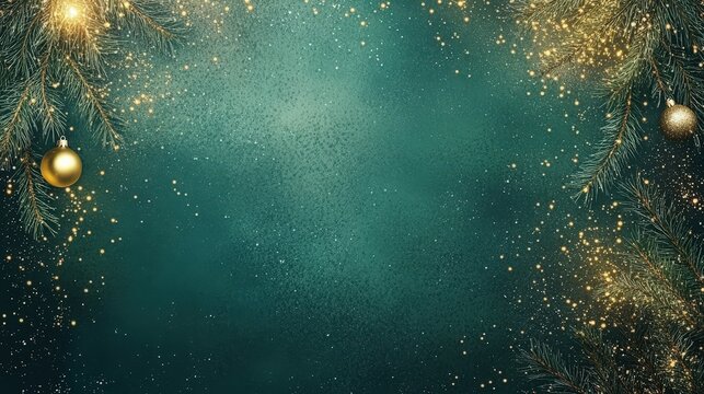 Sparkling holiday background with green hues and festive decorations showcasing gold ornaments and shimmering lights
