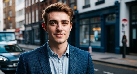 Fototapeta premium Young British guy in a casual blazer neutral expression portrait photo city street background