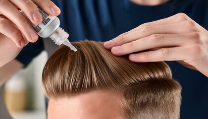 Fototapeta premium applying hair serum to smooth and enhance the texture of a young man s hairstyle in a contemporary indoor setting