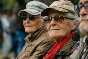 Portrait of an elderly woman with glasses and a cap in the park