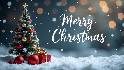 Christmas holiday background with white Handwriting thin Letters Merry Christmas over red Christmas blue blurred background with small snow Christmas tree and balls