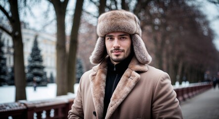 Young Russian guy in a fur hat and coat confident pose portrait photo winter park background