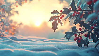 Stylized, bold Merry Christmas text intertwined with mistletoe and holly, floating over a snowy winter landscape at dawn