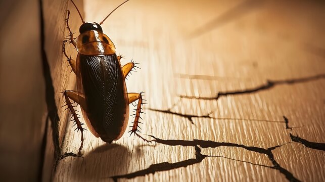 Emerging from the Shadows: A close-up of a cockroach crawling out from behind a cracked wooden baseboard, its glossy exoskeleton catching the light. 