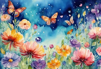 Butterflies and flowers illustration, AI generated
