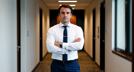 Fototapeta premium Adult French man in formal office attire serious pose portrait photo corporate hallway background