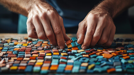 Obraz premium Person assembling colorful mosaic tiles on a wooden surface.