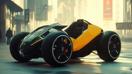 A futuristic, yellow and black sports car sits on an empty street in the city.