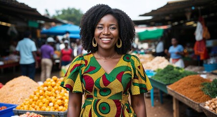 Fototapeta premium Adult Nigerian woman in Ankara print dress cheerful smile portrait photo outdoor market background