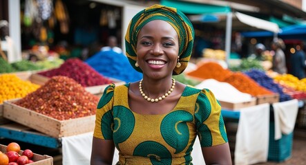 Fototapeta premium Adult Nigerian woman in Ankara print dress cheerful smile portrait photo outdoor market background