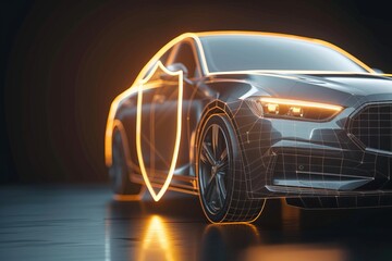 Futuristic car with a shield symbol representing security and protection and car insurance