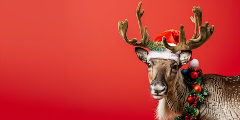 Merry Christmas banner with reindeer in a Christmas hat and a Christmas wreath on red background. Happy new year background with space for text. Generative AI.