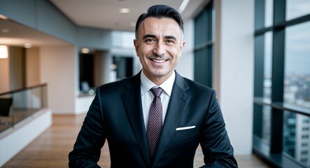 Fototapeta premium Adult Turkish man in formal jacket confident smile portrait photo business center background