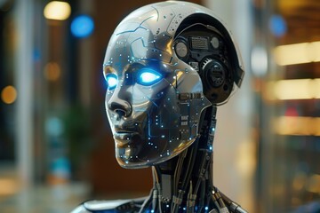 A robot with blue eyes and a silver body