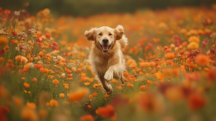 Golden retriever running through a vibrant field of flowers. 