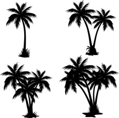 This artwork features four stylized silhouettes of palm trees arranged in a creative layout. Each tree showcases unique shapes and heights, symbolizing tropical paradise and serenity.